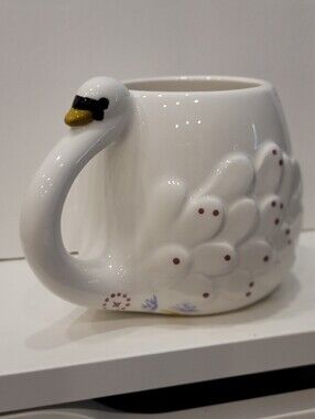 LANG by Design Group White Swan Floral Embossed Ceramic Mug Cottagecore EUC